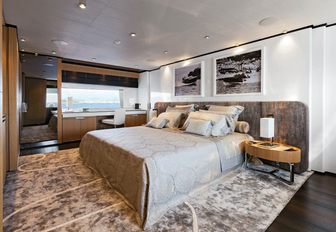 full-beam master suite with neutral colour palette aboard motor yacht ‘Mr T’