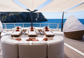 loungers and cabanas on the sundeck of motor yacht ‘Here Comes The Sun’ 