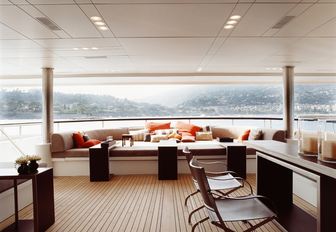 Sumptuous seating and bar on main deck aft of charter yacht Sai Ram