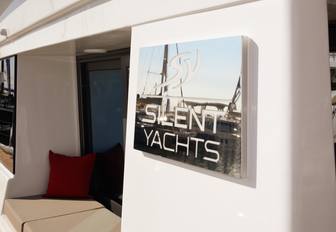 close up of Silent Yachts logo on board a catamaran at the Cannes Yachting Festival 2018