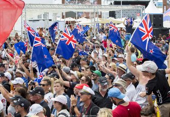 fans cheer on Emirates Team New Zealand at the 35th America's Cup in Bermuda