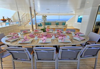 al fresco dining area on the upper deck aft of motor sailor MEIRA 
