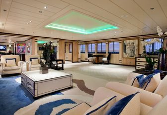 sofas form sociable lounge in main salon of luxury yacht ‘Force Blue’ 
