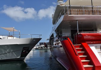 the close up f a red superyacht's aft deck while they are berthed at the 2020 miami yacht show