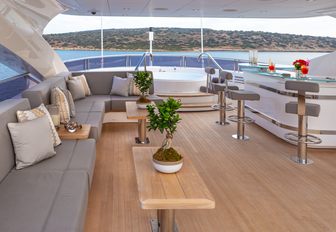 Sundeck of charter yacht Aqua Libra, with wet bar and sofa seating