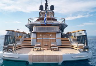 Beach club on superyacht GECO with sunloungers on deck