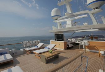 sun loungers and TV on the sundeck of charter yacht SKYLER 