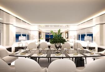 A graphic illustration of the formal dining area on board superyacht O'MATHILDE