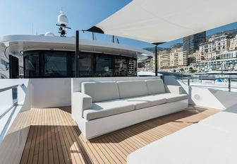 outdoor lounging area in front of the Portuguese bridge on board motor yacht ENTOURAGE 