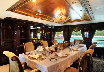 formal dining salon with ornate details on board motor yacht ‘Ionian Princess’ 
