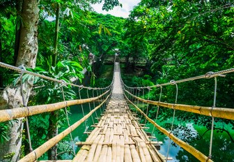 A rickety wooden bridge in the Philippines in Southeast Asia