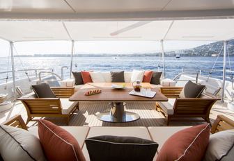 alfresco seating area covered by Bimini shade on board motor yacht 4YOU