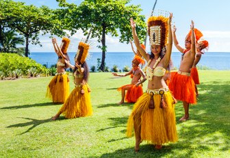 Polynesian women perform traditional dance in Tahiti Papeete FRENCH POLYNESIA
