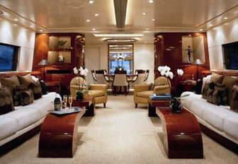 mahogany panelled main salon of luxury yacht ‘Costa Magna’