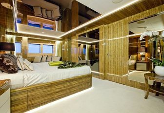 master suite with mirrored ceiling and frake walls on board luxury yacht OKKO 