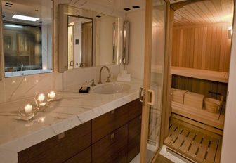 sauna in the master suite bathroom of luxury yacht ETHEREAL 