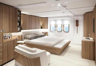 A rendering of a stateroom onboard superyacht CLOUDBREAK