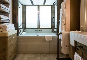en-suite bathroom in master suite aboard luxury yacht Coral Ocean