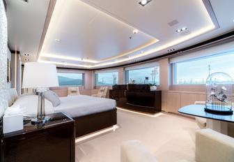 master suite with panoramic views on board charter yacht O’Ptasia
