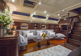 The richly toned interior of sailing yacht SAVARONA