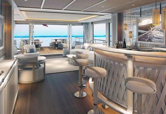 Main salon on luxury yacht CALYPSO, with bar