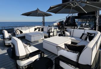 monochrome seating area on the deck of motor yacht OKTO 