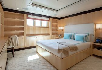double cabin with light oak woodwork on board charter yacht La Mirage 