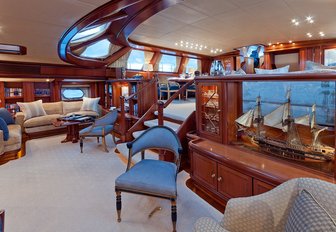 lower level of the main salon aboard sailing yacht HYPERION with comfortable seating areas