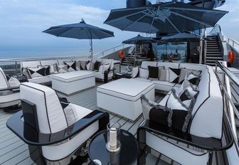 social upper deck aft of motor yacht OKTO with multiple seating options