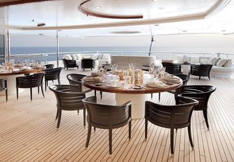 Covered dining area on outside deck of Superyacht SUNRAYS
