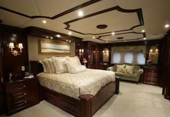 regal master suite with rich wooden joinery on board motor yacht CLAIRE