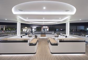 large seating area on the main deck aft of charter yacht Liquid Sky 