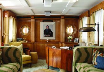 elegant 1930s-style main salon on board classic yacht MALAHNE