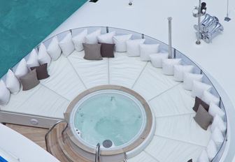 overhead view of the Jacuzzi and surrounding sun pads on the sundeck of charter yacht COCKTAILS 
