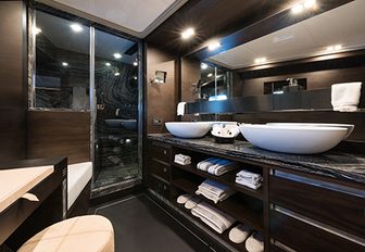 master en suite with his and hers sinks and Hamman shower aboard charter yacht ‘Rox Star’ 
