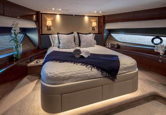 the luxurious and stylish master cabin in charter yacht hot pursuit