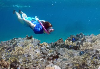 Young woman snorkeling underwater over a coral reef in a tropical resort on Vanua Levu Island, Fiji