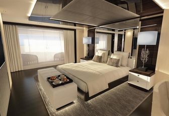 A guest stateroom with an attached balcony on board motor yacht BLUSH