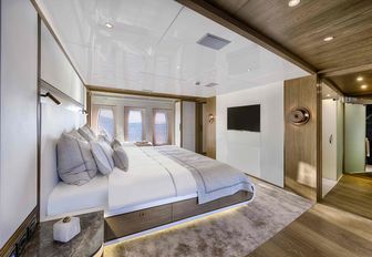 master suite with oak wood on board charter yacht Liquid Sky 
