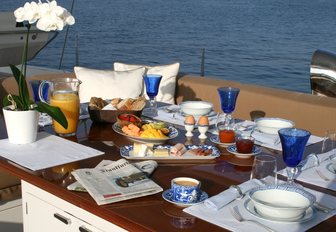 breakfast is served in alfresco dining area on board luxury yacht CAVALLO 