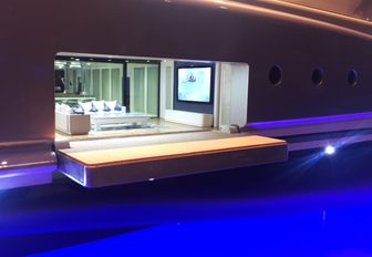 One of the retractable balconies on the scale model of superyacht concept AMARA