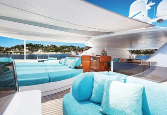 blue sun pads under Bimini on the sundeck of luxury yacht Baton Rouge 