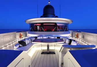 seating area on the sundeck of charter yacht OKTO at night