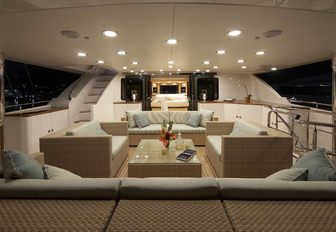 outdoor seating area on the upper deck aft of superyacht Lady Leila 