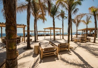 sun loungers at Scorpios, Mykonos, Greece 