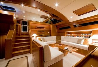 teak-clad main salon with comfortable sofas aboard charter yacht KAWIL