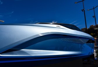 Up close shot of blue car at Monaco Yacht Show 2018