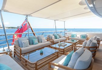 luxe outdoor seating area covered by Bimini shade on board charter yacht La Mirage 