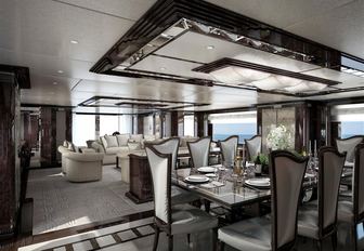 interior dining room on luxury yacht spectre, with glass and mirror details
