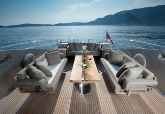 al fresco seating area on the aft deck of charter yacht IZUMI 